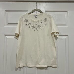 J. Crew Factory Flower Jewel-embellished Short Sleeve Tee Cream Womens Large